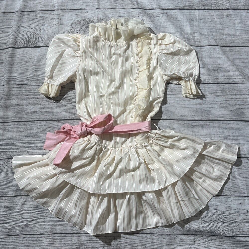 Dorissa International Nicole White Pink Formal Dress Ruffle Puff Sleeves Sz 6